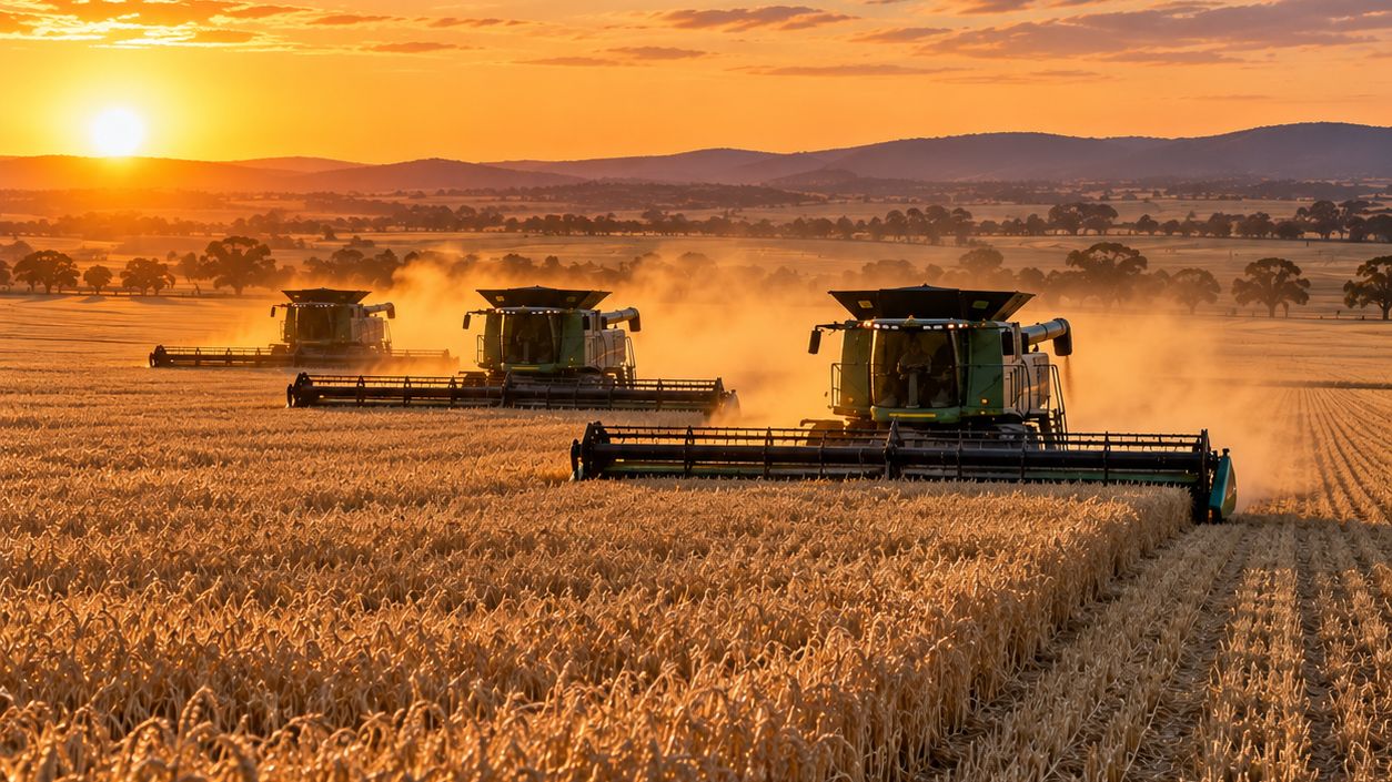 Three combine harvesters working through a golden wheat crop at sunset