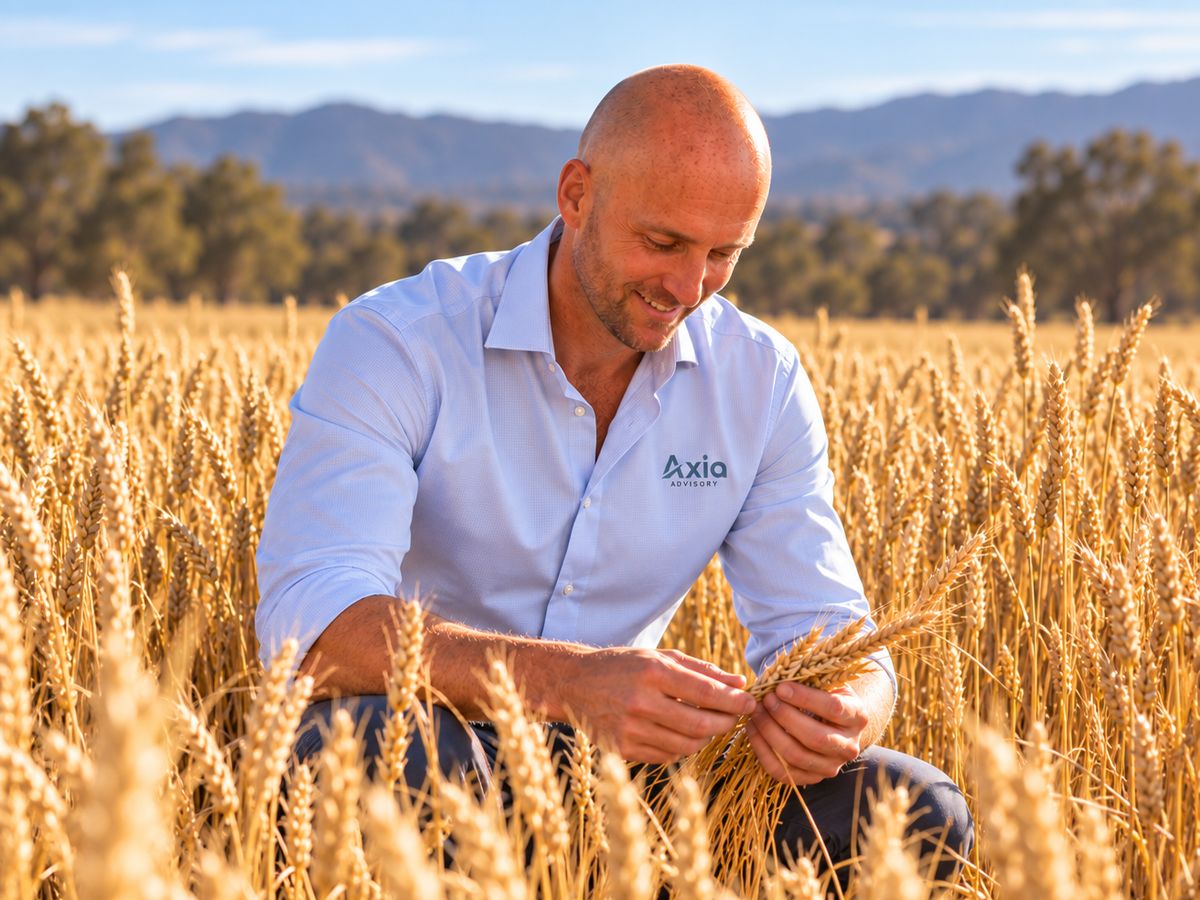 Luke Hodgkin kneeling in a ripe wheat crop, inspecting the heads