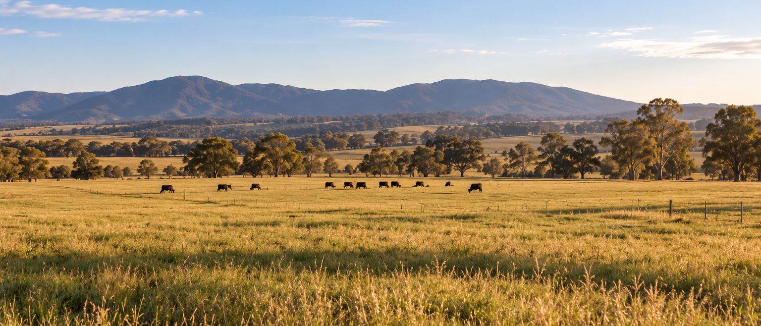 Cattle grazing on open pasture with tree lines and hills behind